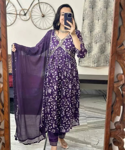 Purple Aliya Floral Anarkali Gown with Embroidery, Gota Detailing, Dupatta & Palazzo – Sizes XS to 7XL